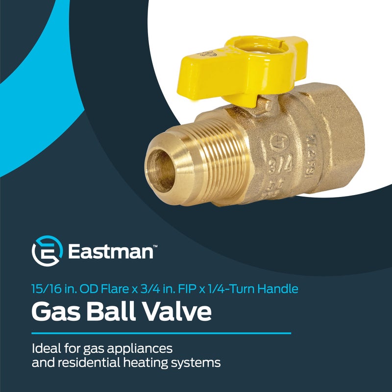 Eastman Straight Gas Brass Ball Valve, 3/4 in FIP x 15/16 in OD Flare Female, 1/4-Turn Handle, 60005 - Image 2